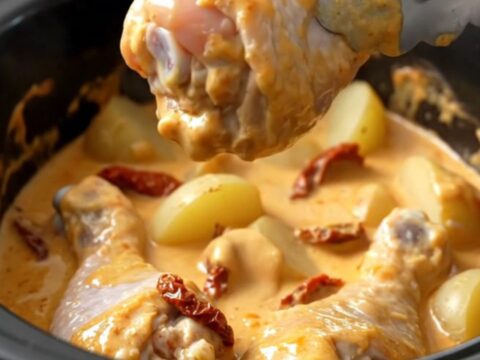 A top-down view of a white ceramic slow cooker filled with chicken drumsticks, halved potatoes, and a creamy sauce.