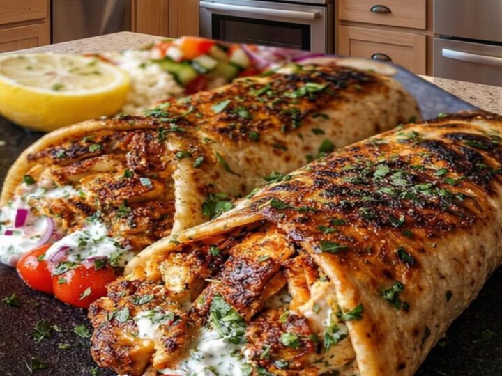 Two charred chicken wraps sliced in half on a dark platter with visible garlic sauce and fresh vegetables.