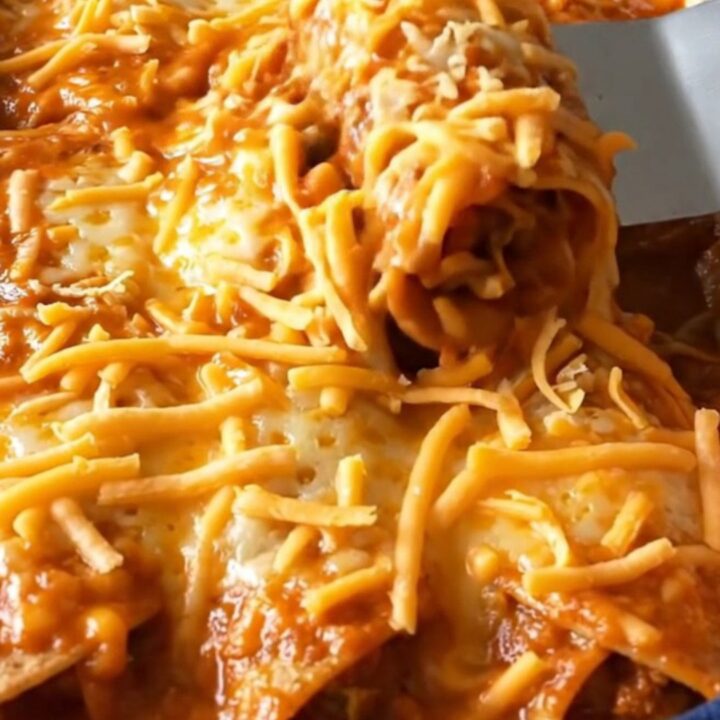 A top-down view of a rectangular baking dish filled with golden-brown, cheese-topped enchiladas.