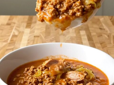A white ceramic slow cooker filled with a hearty mixture of ground turkey, chopped cabbage, and diced tomatoes.