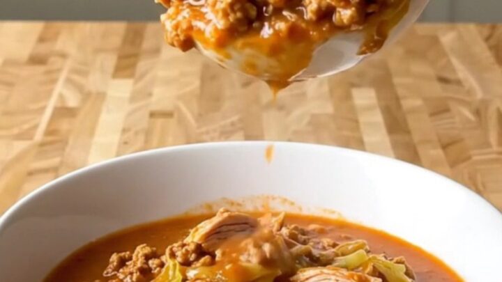 A white ceramic slow cooker filled with a hearty mixture of ground turkey, chopped cabbage, and diced tomatoes.
