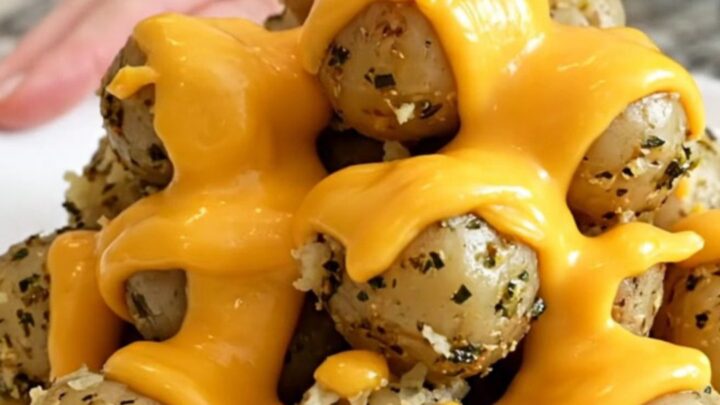A close-up of tender halved baby red potatoes in a slow cooker topped with melted cheddar cheese and herbs.