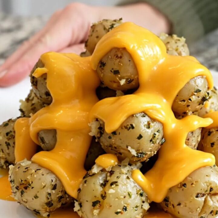 A close-up of tender halved baby red potatoes in a slow cooker topped with melted cheddar cheese and herbs.
