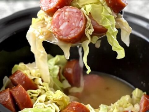 A top-down view of a slow cooker filled with tender green cabbage, coin-shaped smoked sausage, and crispy bacon pieces.