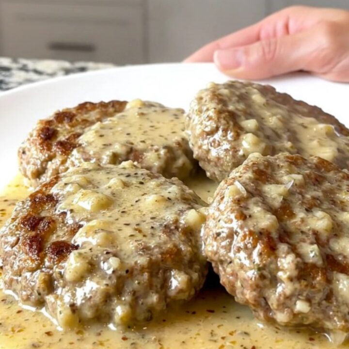 Close-up of slow cooked turkey burger steaks coated in a creamy white garlic parmesan sauce with visible herbs.