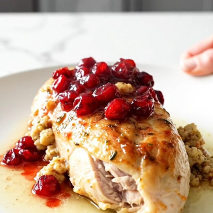 A ceramic slow cooker filled with cooked chicken breasts topped with cranberry sauce and herb stuffing.