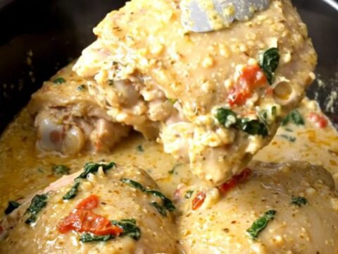 A close-up view of creamy Tuscan garlic chicken thighs served in a white bowl with a rich sauce.