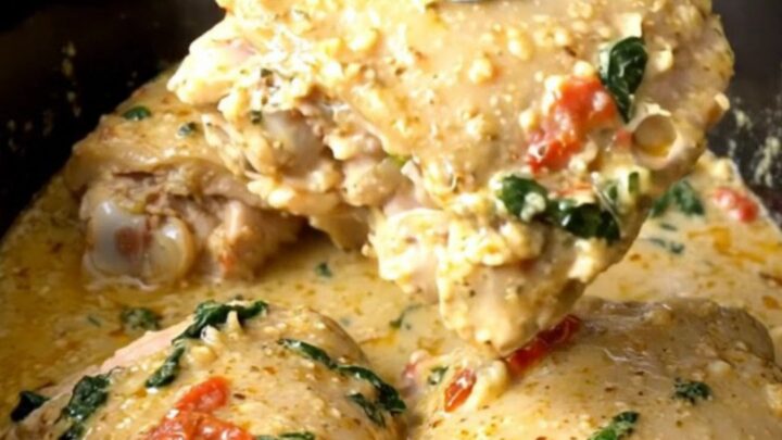 A close-up view of creamy Tuscan garlic chicken thighs served in a white bowl with a rich sauce.