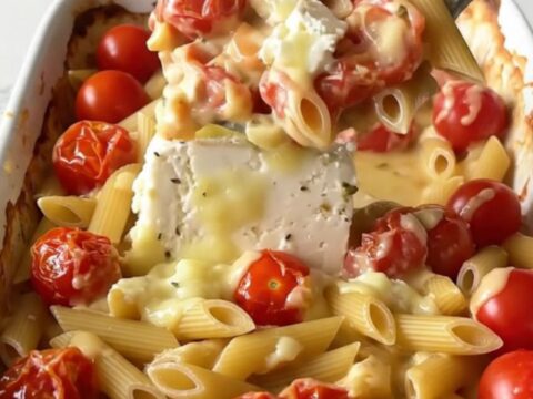 A large ceramic baking dish filled with creamy baked feta and tomato penne.