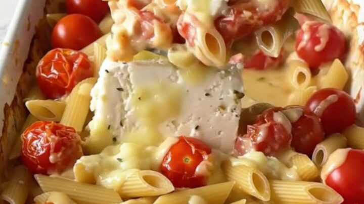 A large ceramic baking dish filled with creamy baked feta and tomato penne.