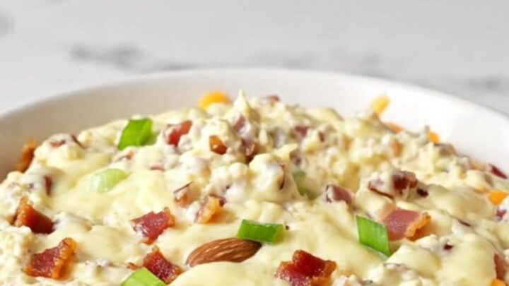 A close-up of a creamy million dollar dip in a white bowl, topped with bacon crumbles, almonds, and green onions.