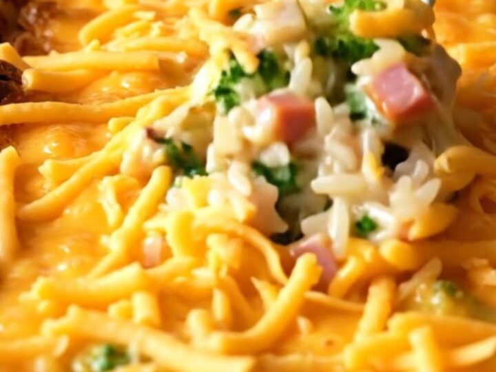 A top-down view of a rectangular ceramic dish filled with uncooked rice, diced ham, and fresh broccoli florets.