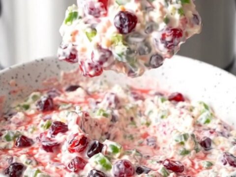 A slow cooker filled with creamy white cheese dip layered with green jalapenos and red cranberry sauce.