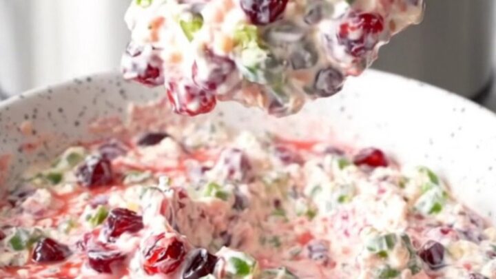 A slow cooker filled with creamy white cheese dip layered with green jalapenos and red cranberry sauce.