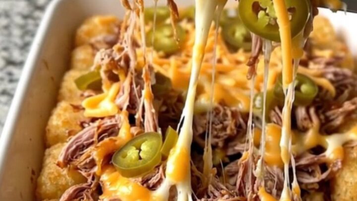 A top-down view of a ceramic dish filled with crispy potato tots, pulled pork, barbecue sauce, and melted cheddar cheese.