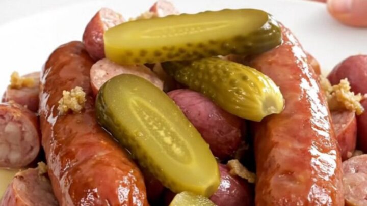 A top-down shot of sliced kielbasa and halved red potatoes in a slow cooker with dill and pickles.