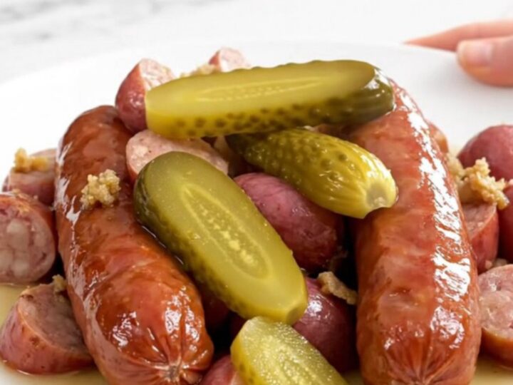 A top-down shot of sliced kielbasa and halved red potatoes in a slow cooker with dill and pickles.