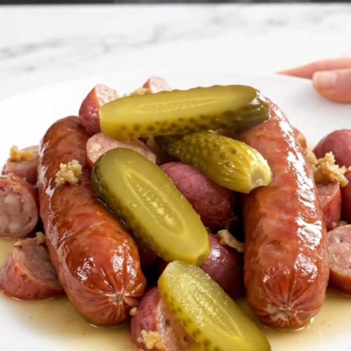 A top-down shot of sliced kielbasa and halved red potatoes in a slow cooker with dill and pickles.