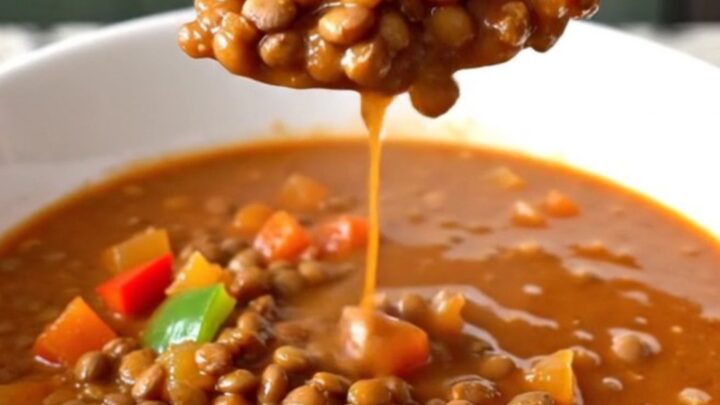 A white shallow bowl filled with thick, hearty red-brown lentil chili on a kitchen counter.