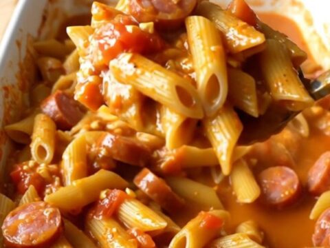 A top-down view of a rectangular white baking dish filled with penne pasta, sliced smoked sausage, diced tomatoes