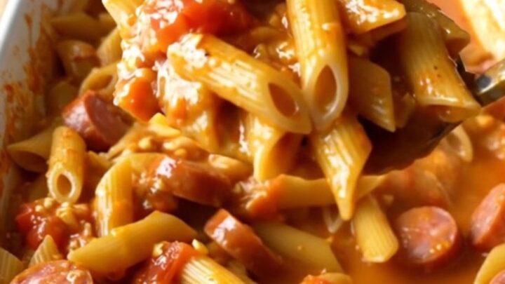 A top-down view of a rectangular white baking dish filled with penne pasta, sliced smoked sausage, diced tomatoes