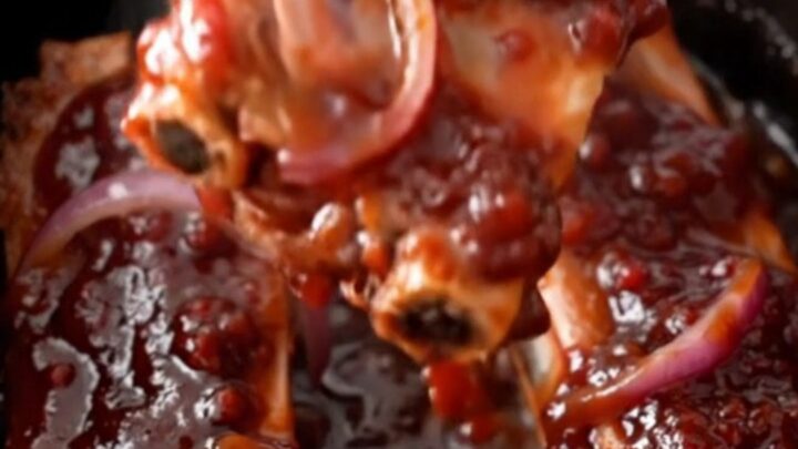 Slow cooker ribs coated in a dark, glossy raspberry barbecue sauce on a white plate.