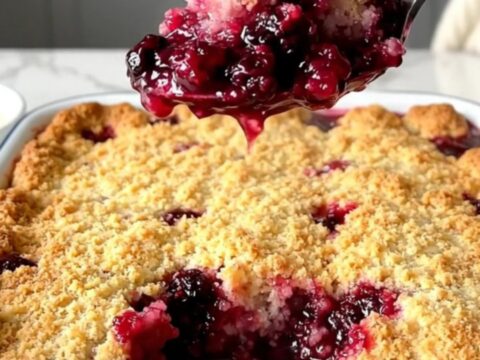A top-down view of a golden, bubbling berry cobbler in a white rectangular baking dish on a quartz countertop.