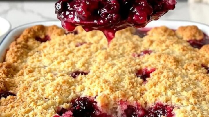 A top-down view of a golden, bubbling berry cobbler in a white rectangular baking dish on a quartz countertop.