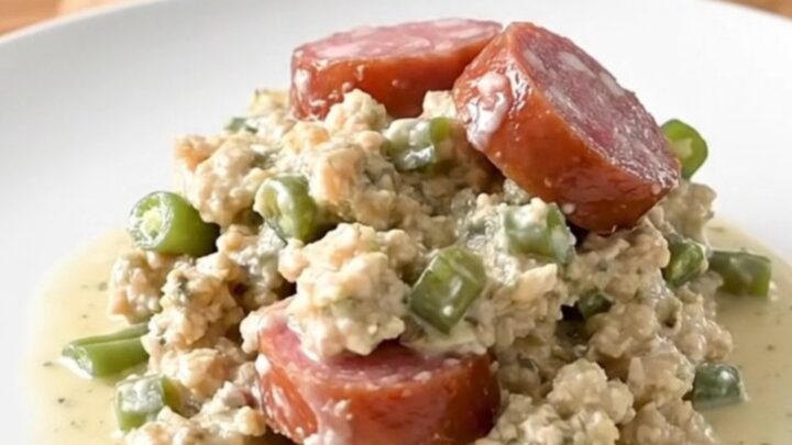 A slow cooker filled with layers of smoked sausage, green beans, and herb stuffing in a creamy sauce.