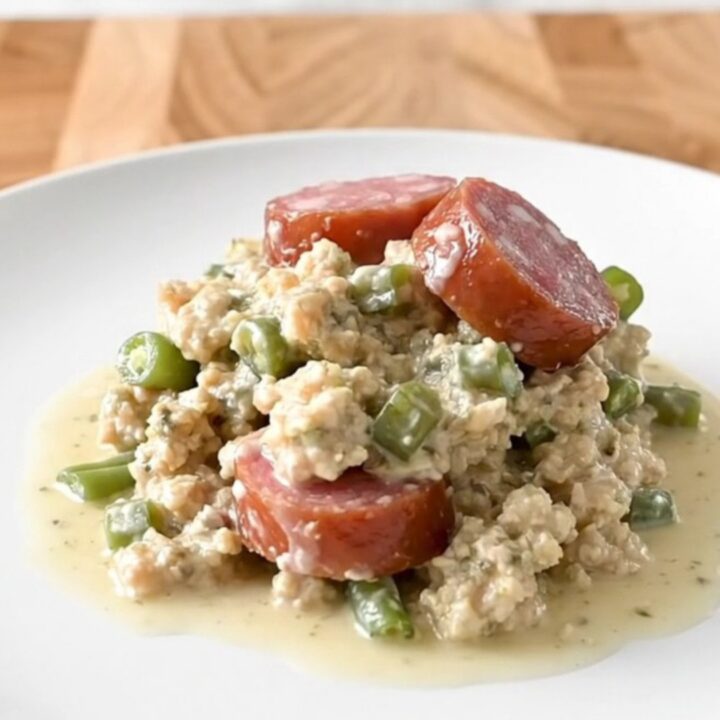 A slow cooker filled with layers of smoked sausage, green beans, and herb stuffing in a creamy sauce.