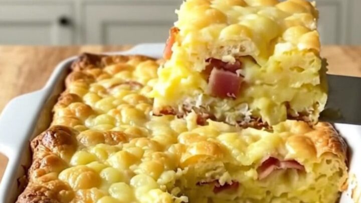 A golden-brown eggs Benedict breakfast casserole in a white ceramic dish on a light wooden counter.