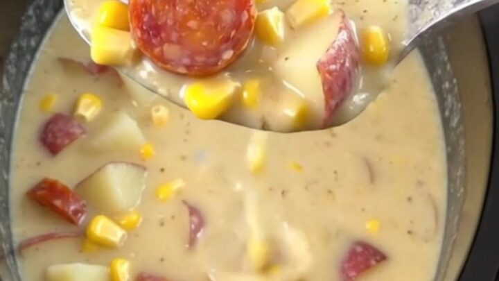 A close-up of a steaming bowl of creamy chorizo corn chowder with visible slices of chorizo and potato cubes.