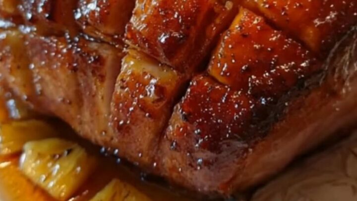 A beautifully roasted holiday ham with a glossy, caramelized diamond crust on a white serving platter