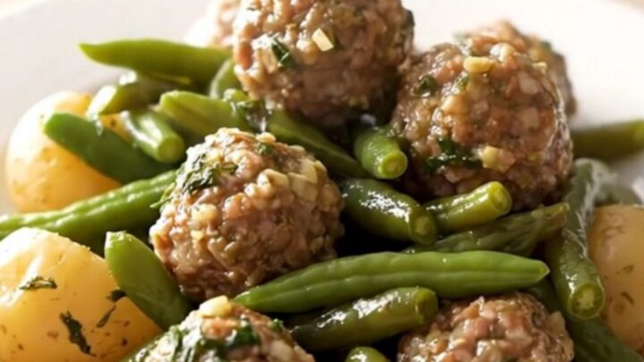 A close-up of tender beef meatballs with green beans and halved baby potatoes in a savory broth.