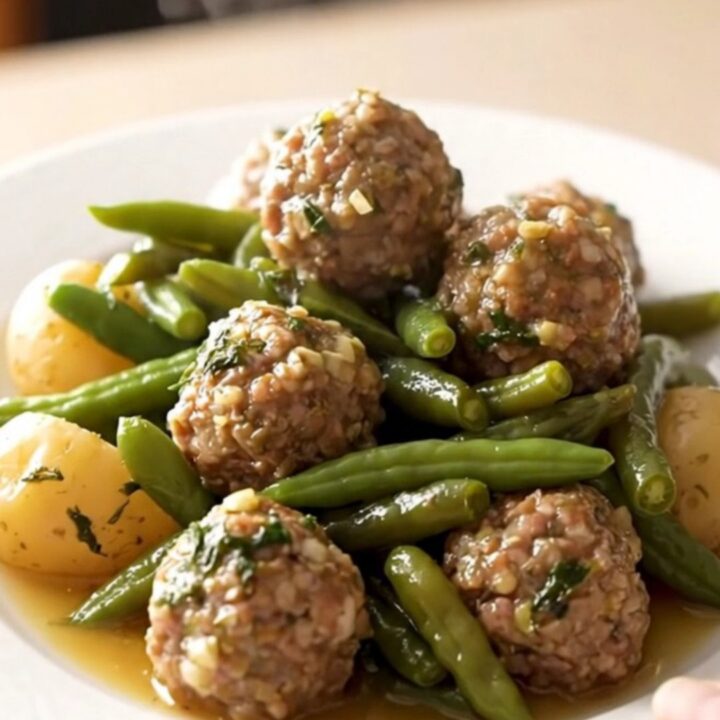 A close-up of tender beef meatballs with green beans and halved baby potatoes in a savory broth.