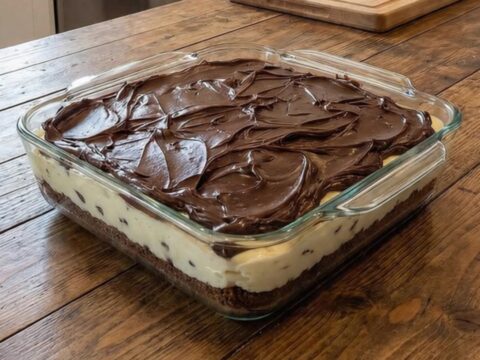 A slice of layered chocolate cream cheese dessert on a plate showing the cookie crust, cream filling, and fudge topping.