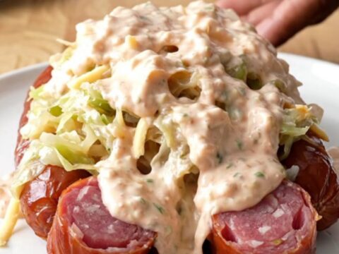 A top-down view of a slow cooker filled with layers of sliced kielbasa, sauerkraut, Swiss cheese