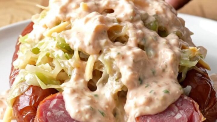 A top-down view of a slow cooker filled with layers of sliced kielbasa, sauerkraut, Swiss cheese
