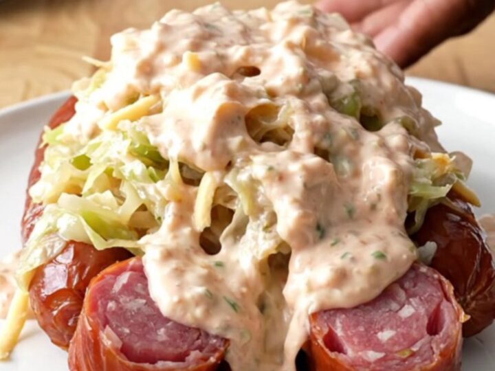 A top-down view of a slow cooker filled with layers of sliced kielbasa, sauerkraut, Swiss cheese