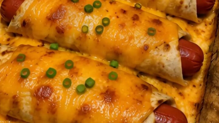 Four hot dog cheddar wraps in a glass baking dish, golden-brown, bubbly, and garnished with chopped green onions.