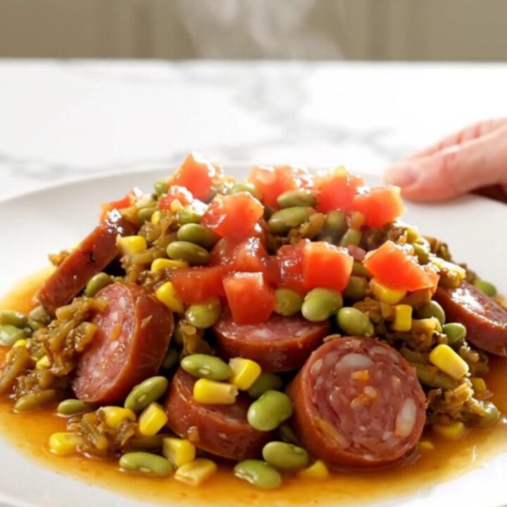 A top-down view of a slow cooker filled with colorful smoked sausage, corn, and lima beans in a savory tomato sauce.