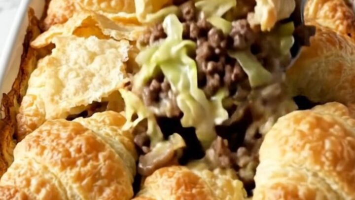 A top-down view of a Cabbage Burger Crescent Bake in a white baking dish with golden crescent rolls on top.