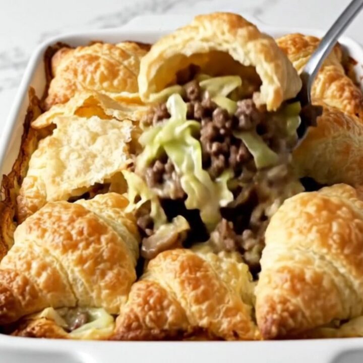 A top-down view of a Cabbage Burger Crescent Bake in a white baking dish with golden crescent rolls on top.
