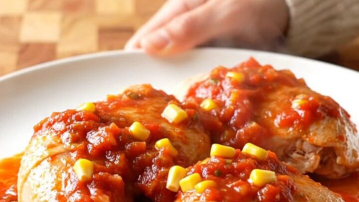 A top-down view of slow cooker salsa ranch chicken thighs served in a white bowl with corn and salsa sauce.
