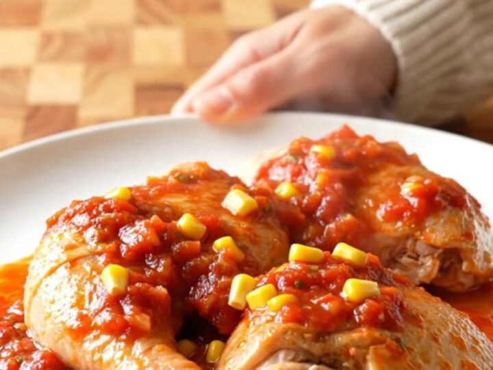 A top-down view of slow cooker salsa ranch chicken thighs served in a white bowl with corn and salsa sauce.