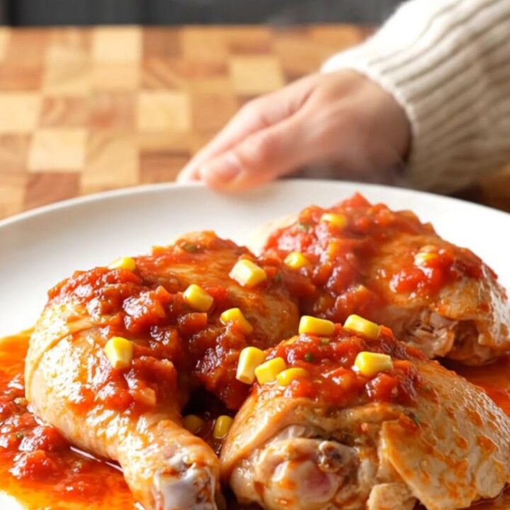 A top-down view of slow cooker salsa ranch chicken thighs served in a white bowl with corn and salsa sauce.