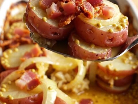 A rustic ceramic dish filled with sliced red potatoes, onions, and crispy bacon, fresh from the oven.