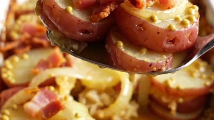 A rustic ceramic dish filled with sliced red potatoes, onions, and crispy bacon, fresh from the oven.