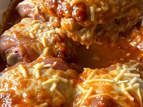 A top-down view of a rectangular baking dish filled with golden baked chicken thighs and rice.
