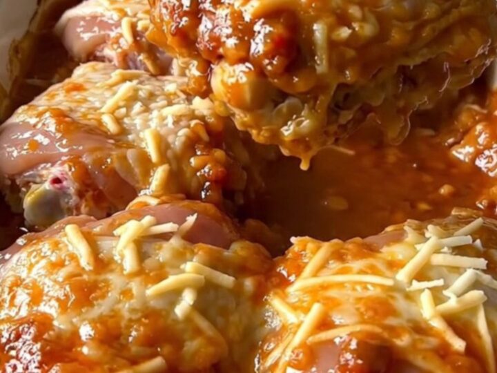 A top-down view of a rectangular baking dish filled with golden baked chicken thighs and rice.